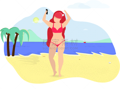 女人,夏天,自拍,海滩,快乐,公亩,平衡,站,做,思考