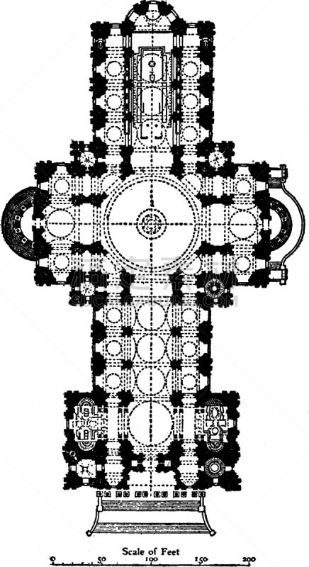 Plan of St Paul's Cathedral, London, 1675–1710, an example of English Renaissance architecture, designed the cathedral, give it greater height and importance, vintage line drawing or engraving illustration.