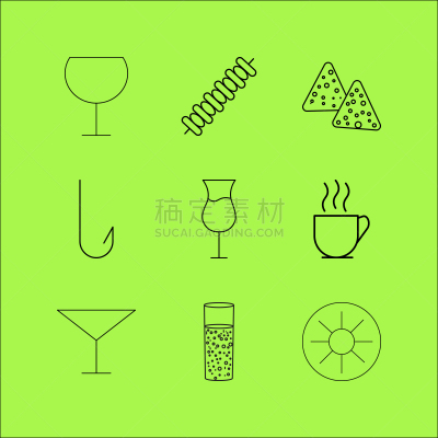 轮廓,直的,饮食,图标集,串肉签,咖啡,食品,鱼钩,碳酸饮料,图像
