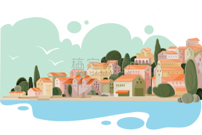 landscape a coastal town with small houses