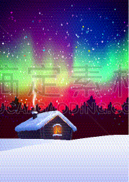 绘画插图,夜晚,冬天,矢量,地形,贺卡,圣诞装饰物,雪,极光,杆