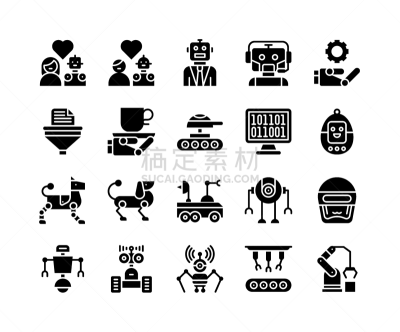 图标集,矢量,绘画插图,固体,机械手,家庭,人造的,宠物,电子人,计算机