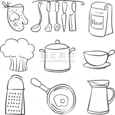 乱画,厨房器具,银餐具,饮料,可爱的,咖啡,食品,图像,收集,烹调