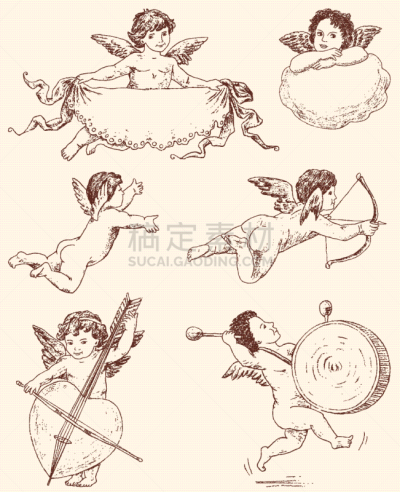 多样,天使,可爱的,纹理效果,云,阿穆尔豹,古典式,画画,复古,爱