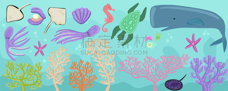 多样,蛤蚌,海底,巨大的,野生动物,抹香鲸,植物群,海星,装饰,布置