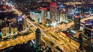 延时摄影-戏剧性的城市景观和夜间/北京的道路交叉口，中国(WS HA PAN)