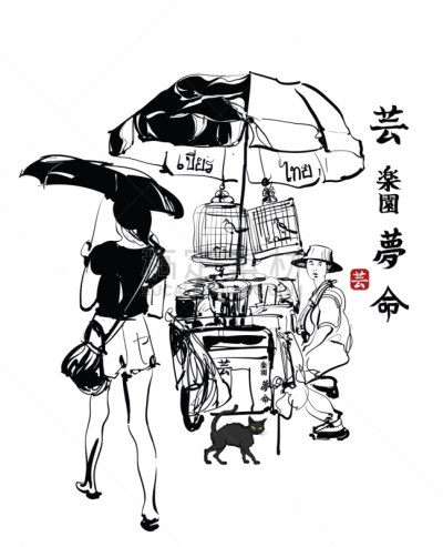 绘画插图,街道,曼谷,矢量,蔬菜,商务,食品,鸟笼,食品杂货,泰国