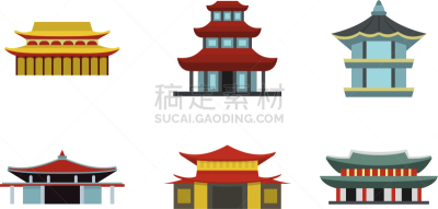 亚洲,城堡,图标集,扁平化设计,华丽的,矢量,东方人,装饰