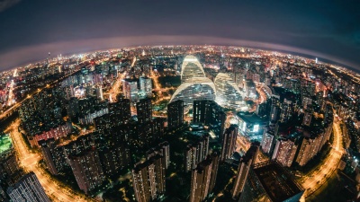 夜间北京天际线/中国北京的T/L鱼眼视图