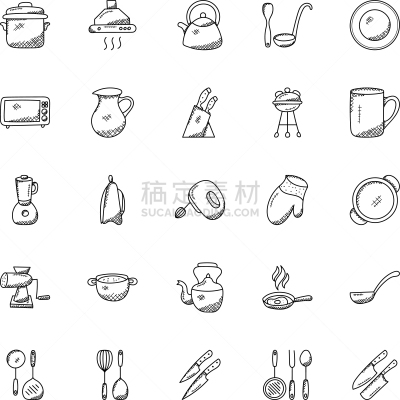 厨房器具,乱画,刀架,搅拌机,绞肉机,长柄勺,汤匙,锅,烤肉架,收集