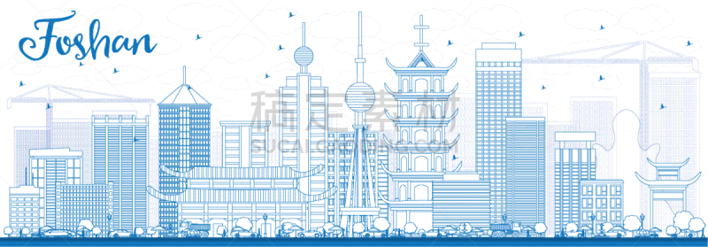 佛山,城市天际线,轮廓,建筑外部,蓝色,旅途,商务,云,鸟类