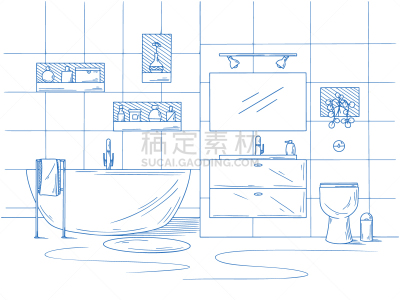 草图,绘画插图,室内,浴室,矢量,手,高雅,组物体,背景分离,复古风格