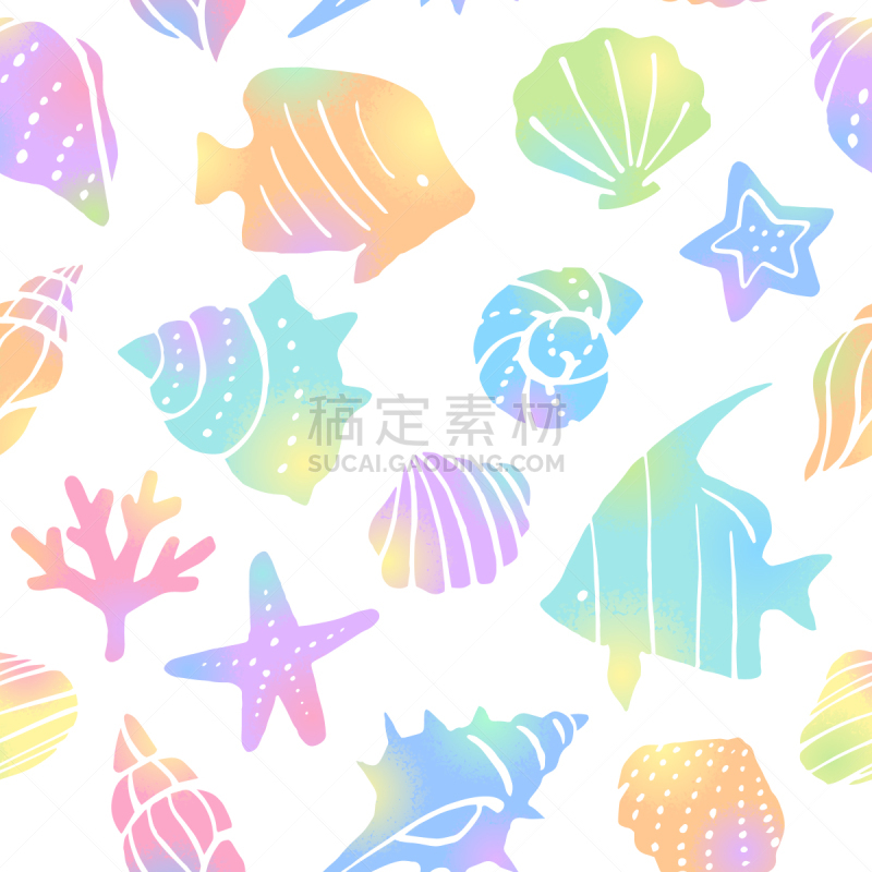 海洋,四方连续纹样,符号,背景,绘画插图,华丽的,荧光色,热带气候,柔和色,贝壳