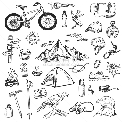 山,绳子,大篝火,检查表,杯,食品,餐具,自行车,露营