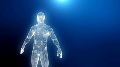 人体是由点组成的模型。男人的轮廓在旋转。