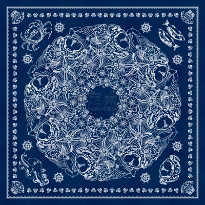 海洋,式样,花色丝质大手帕,正方形,华丽的,纺织品,海星,船,自然美,动物
