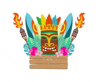 面具,绘画插图,冲浪板,组物体,夏威夷人,矢量,提基,分离着色,平坦的,度假