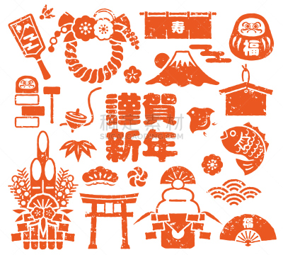 新年前夕,绘画插图,日本,镜饼,可爱的,一月,富士山,鸟居,封印