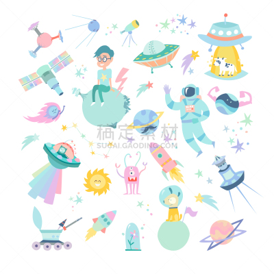 绘画插图,卡通,太空,矢量,举起手,空间站,秘密,可爱的,太空船,不明飞行物