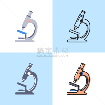 显微镜,线条,平坦的,图标集,风格,生物学,微生物学,健康保健,科学家,技术