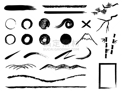画笔,传统,线条,华贵,边框,一月,复古风格,古典式,富士山,松树