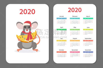 可爱的,2020,符号,鼠,老鼠,日历,星期日,星期,开端,传统