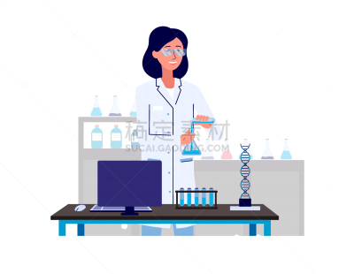 科学家,绘画插图,矢量,实验室,平坦的,分离着色,女人,生物学,显微镜,健康保健