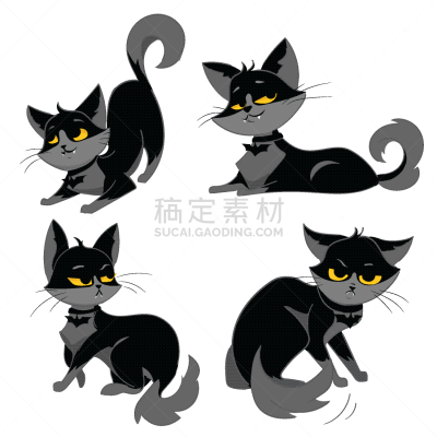 猫,黑色,卡通,可爱的,简单,收集,布置,坐,站