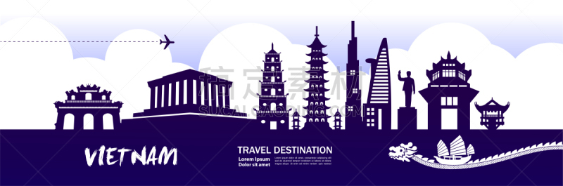 绘画插图,越南,矢量,旅游目的地,宏伟,复古风格,著名景点,背景,剪影