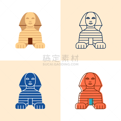 埃及,平坦的,高雅,图标集,狮身人面像,线条,名声,法老,开罗,古董