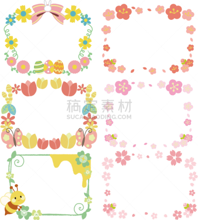 边框,复活节,郁金香,卵,蜂蜜,梅子,春天,植物,蜜蜂,绘画插图