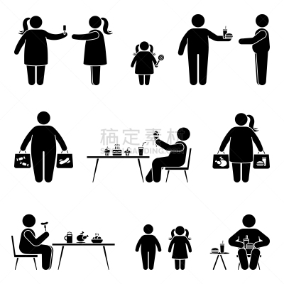 肥胖,女人,膳食,矢量,计算机图标,购物,午餐,吃,剪影,购物