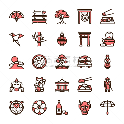 日本,计算机图标,彩色图片,组物体,直的,日本武士,传统,折纸工艺,寿司,灯笼