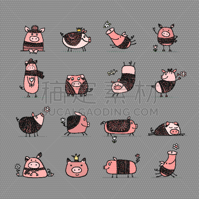 猪,可爱的,华丽的,动物,农场,品牌名称,收集,设计,绘制,作画