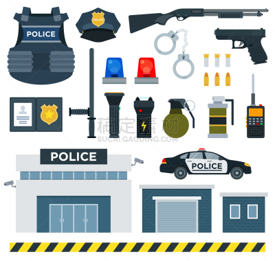 设备用品,警官,绘画插图,平坦的,矢量,手电筒,安全,汽车