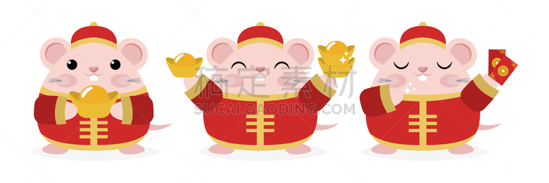 小的,红色,矢量,老鼠,可爱的,鼠年,古服装,动画片,新年前夕,布置