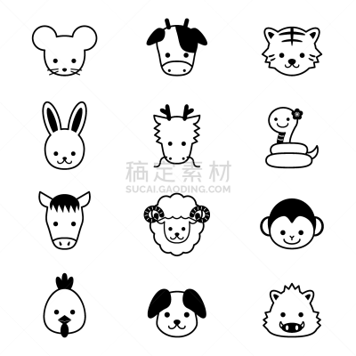动物,东方人,十二生肖,简单,狗,兔子,母牛,符号,图标集,星座