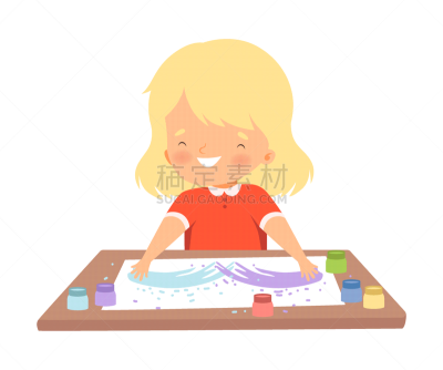 可爱的,艺术家,儿童,金色头发,绘画插图,创造力,手印,书桌,矢量,坐