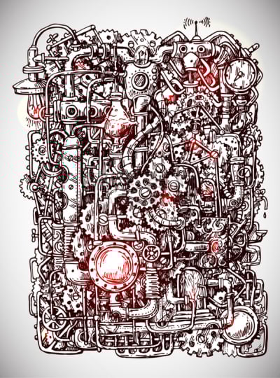 蒸汽朋克,机件,手,技术,建筑业,古董,朋克,草图,绘制,复古