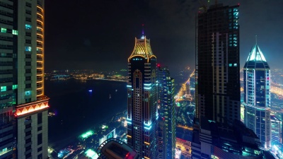 迪拜棕榈夜光码头屋顶全景 延时阿拉伯联合酋长国