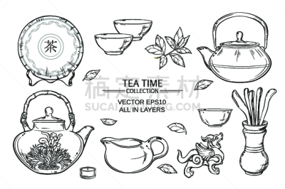 茶道,花茶,杯,茶杯,茶壶,干的,叶子,矢量,收集