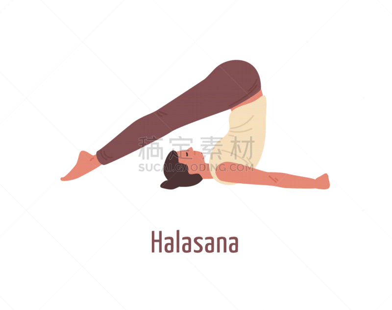 cartoon female practicing yoga in halasana pose