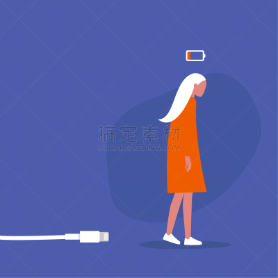 平衡,电池,低的,女性,性格,筋疲力尽,绘画插图,青年人,修复
