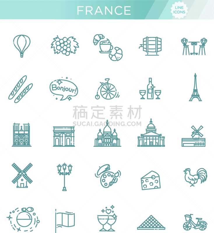 法国,线条,国际著名景点,扁平化设计,轮廓,欧洲,面包,直的,布置,度假