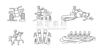 图标集,动作,直的,四驱车,运动,滑雪板,雪上汽车运动,豪华露营,剪影