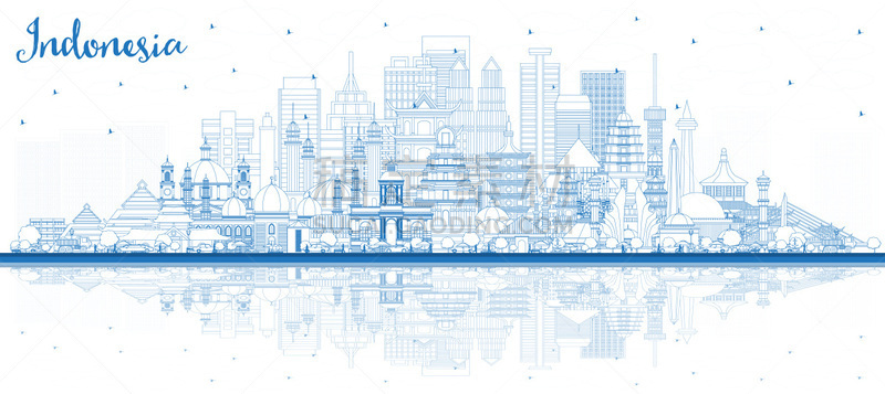 轮廓,城市天际线,建筑外部,蓝色,印度尼西亚,反射