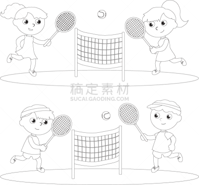 网球运动,儿童,进行中,分离着色,运动竞赛,球拍,女人,矢量,动作,着色