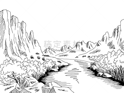 河流,草图,绘画插图,矢量,峡谷,地形,山,黑色,插画,白色沙漠