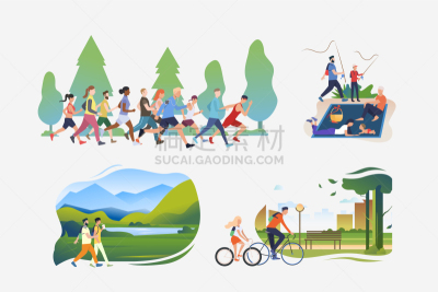 绘画插图,动作,周末活动,运动,传单,野餐,一个人,慢跑,公园