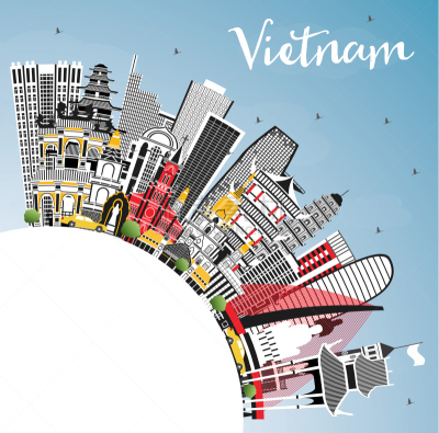 越南,城市天际线,建筑外部,蓝色,留白,天空,灰色,商务,云,现代